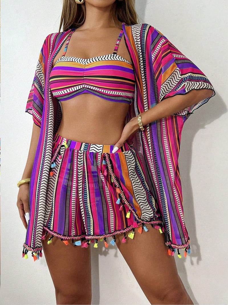 Top 10 Sand Tropical – Conjunto Praia 4 Peças com Kimono – Estampa Geométrica Verão 2026