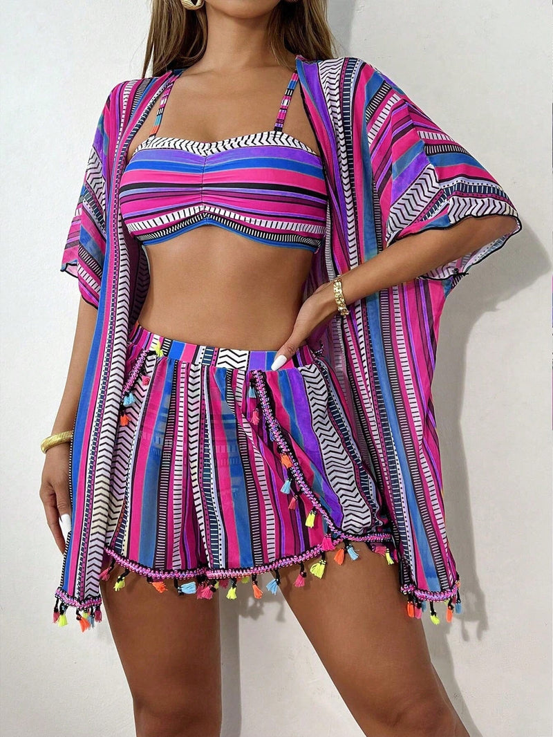 Top 10 Sand Tropical – Conjunto Praia 4 Peças com Kimono – Estampa Geométrica Verão 2026